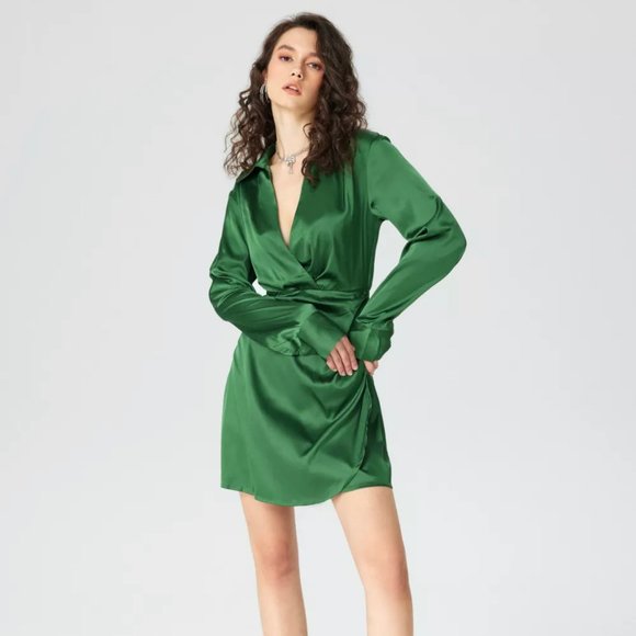 knee length dresses for ladies Green Satin Long Sleeve Short Dress Top -Medium